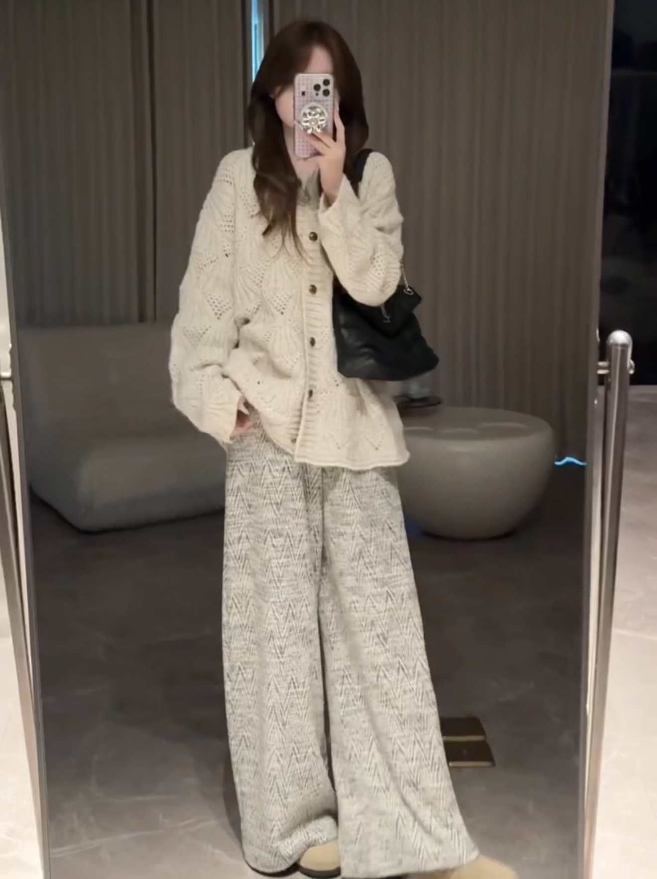 chic 한 부서 홀로우 아웃 니트 스웨터 스웨터 가을 겨울철 디자인 센스 작은 대중 슬림해 보이는 루즈핏 맨위 플러스 넓은 다리 길이 바지
