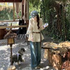 批发2025秋季新款韩系v领长袖衬衫重工薄款防晒衬衣高级感收腰上衣