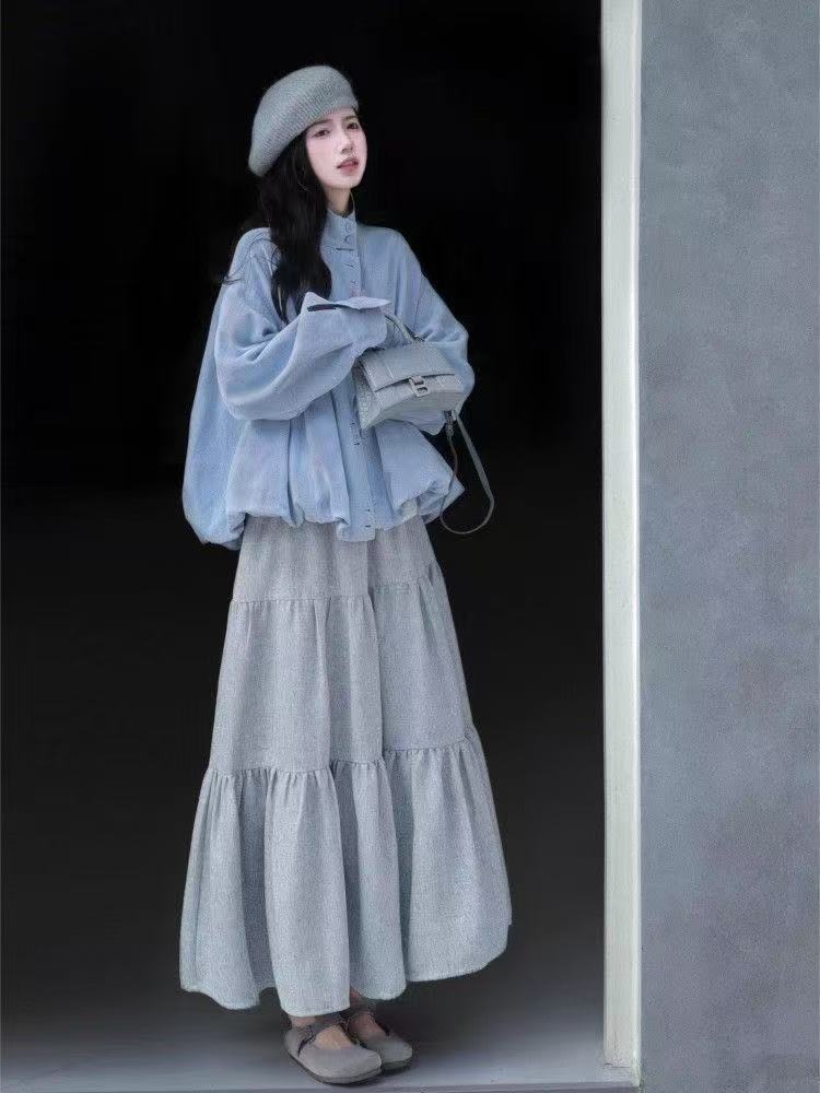 2025 가을 새로운 올해 인기 착용 가져 가라. 한 부서 디자인 센스 꽃밭 밑단 재킷 반신 스커트 두 조각 여성 세트