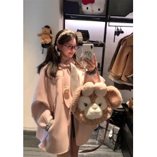 批发兔耳朵粉色连帽毛呢外套女<b class='q'>秋</b>冬高级感甜美气质小个子双面呢子大衣