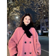 批发冬季新款时尚百搭宽松呢子亮丝双排扣加厚毛呢大衣外套女