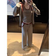 批发已出货 撞色针织修身背心女早秋韩系外搭开衫上衣百搭休闲裤套装