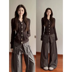 批发复古纽扣绞花棕色毛衣外套<b class='q'>短款</b>修身显瘦<b class='q'>针织</b><b class='q'>开衫</b>v领上衣女秋冬装