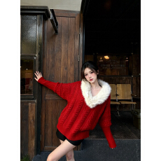 批发法式慵懒蝙蝠袖V领毛领针织衫女秋冬<b class='q'>宽松</b>气质高级毛衣