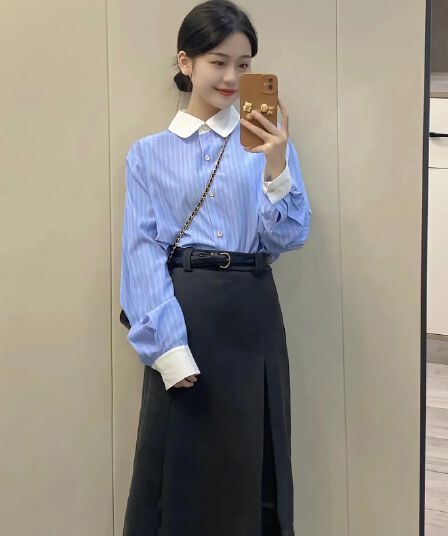 2026 봄 미니멀리즘 스트라이프 패치워크 색상 칼라 출퇴근 다용도 파란색 셔츠 플러스 롱 코트 반 스커트 투피스 세트 여성 의류