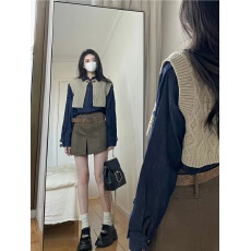 批发甜酷炸街学院风马甲衬衫半身裙三件套洋气减龄小个子学生jk套装裙