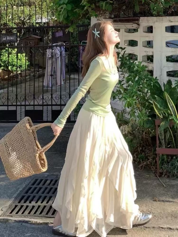 요정 가스 펄럭 이는 무거운 작업 자르기 레이스 불규칙 반신 롱 스커트 경기 녹색 페이크 레이어드 맨위 투피스 세트 세트