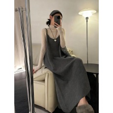 批发春季新款时尚百搭慵懒休闲<b class='q'>宽松</b>外穿吊带背心裙加蕾丝打底衫两件套