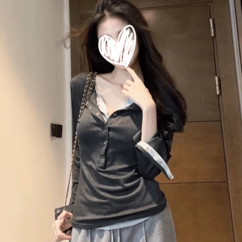 ashy snow miu 부서 지혜 센스 페이크 레이어드 헨리 칼라 몸매 가꾸기 니트 스웨터 여성 허리 수축 슬림해 보이는 풀오버 맨위