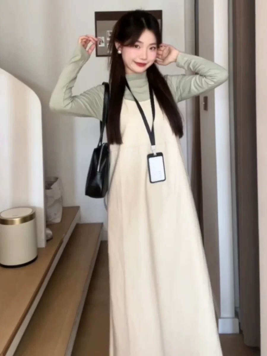 작은 키 차 부서 달콤한 핫걸 패션 스택 착용 캐주얼 슬림해 보이는 루즈핏 아름다운 연령 감소 멜빵 드레스 투피스 세트