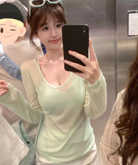 봄 아모이 디자인 센스 패션 다용도 슬림해 보이는 작은 대중 섹시한 아름다움 뒤로 플러스 자외선 차단 긴팔 얇은 옷