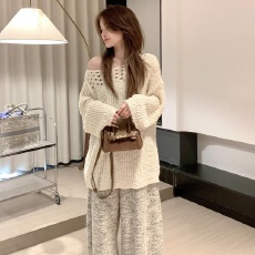 批发慵懒风<b class='q'>宽松</b>镂空针织衫毛衣阔腿<b class='q'>裤</b><b class='q'>套装</b>女2025秋冬新款两件套高级感