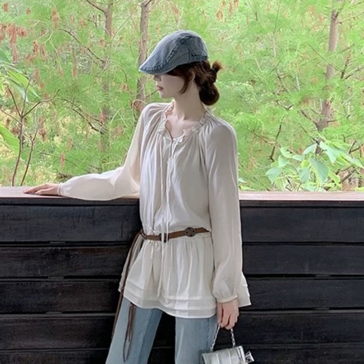 2026 가을 새로운 한 부서 V넥 긴팔 셔츠 무거운 작업 얇은 스타일 자외선 차단 셔츠 고급 센스 허리 수축 맨위