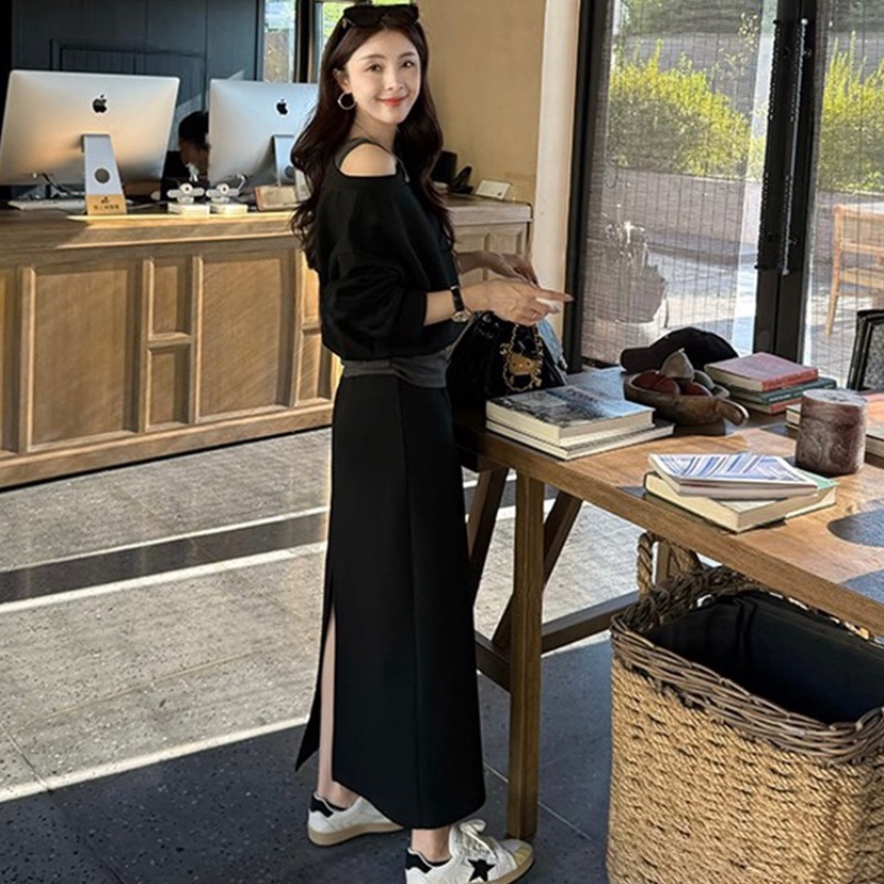 흔들어서 톤 폭발 2026 봄 새로운 페이크 레이어드 오프숄더 맨위 플러스 반 스커트 투피스 세트 세트