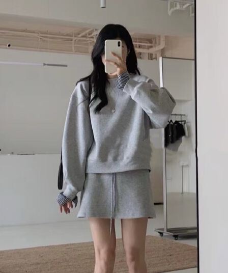 봄 패션 레트로 체크무늬 패치워크 디자인 센스 후드티 이른 봄 투피스 슈트 하이웨이스트 한 마디 반신 스커트
