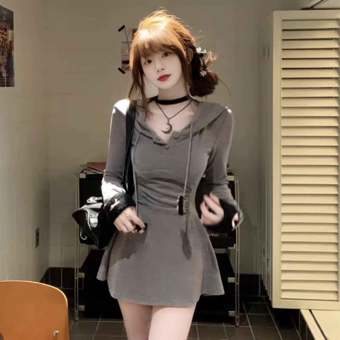 루이 茜 웨이 Sher S 고양이 부서 소녀 봄 새로운 순수한 욕망 바람 몸매 가꾸기 슬림해 보이는 후드 드레스