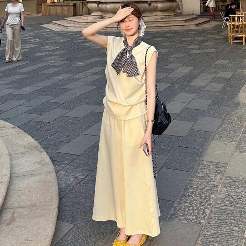 여름 여성 의류 연령 감소 도파민 ootd 착용 가져 가라. 전체 집합 민소매 맨위 하이웨이스트 반신 스커트 투피스 슈트 여성