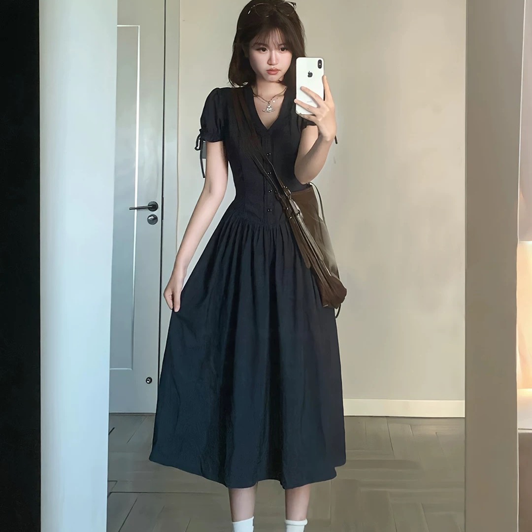 callmeear 밤 바다 시나 바르 레이스 레이스 V넥 반팔 드레스 여름 쇼트 스타일 A라인 스커트