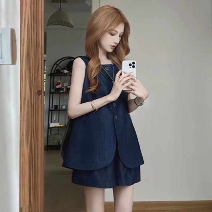 여름 드레스 코디 전체 집합 한 부서 착용 가져 가라. 오래된 돈 바람 패션 연령 감소 튀김 거리 민소매 베스트 반바지 투피스 슈트