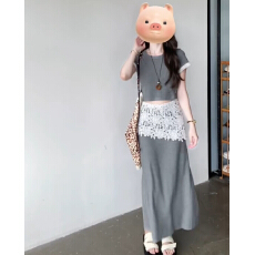 批发2026新款韩chic修身气质小个子独特设计感短袖蕾丝拼接半身<b class='q'>裙</b>套装