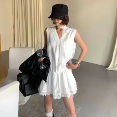 批发白色<b class='q'>蕾丝</b>拼接无袖蛋糕裙女设计感小众宽松显瘦纯欲风小个子<b class='q'>连衣裙</b>