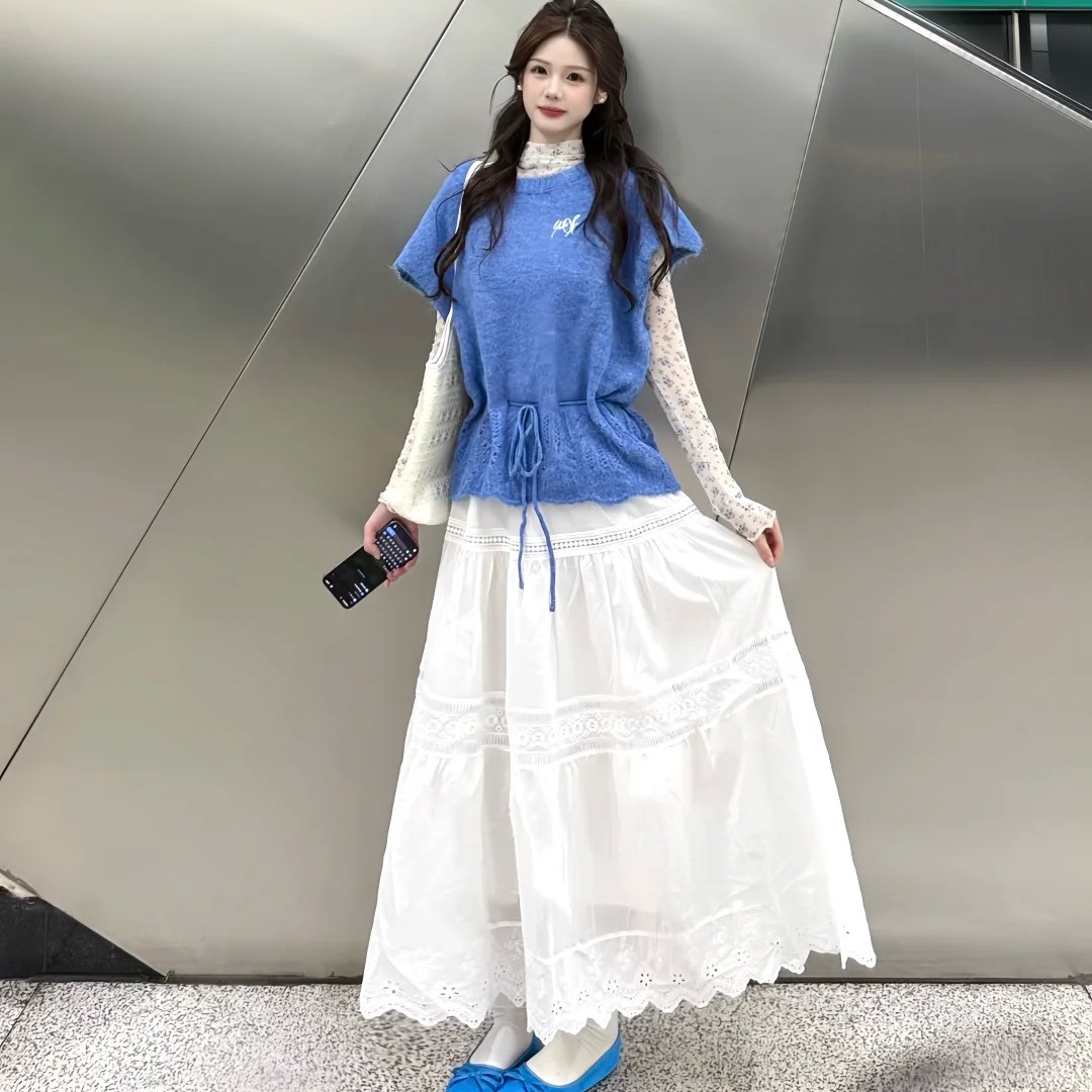 부드러운 느긋한 바람 파란색 한 부서 부드러운 찹쌀 맨위 어깨 스택 바늘 짠 셔츠 조끼 베스트 풀오버 스웨터 여자 봄