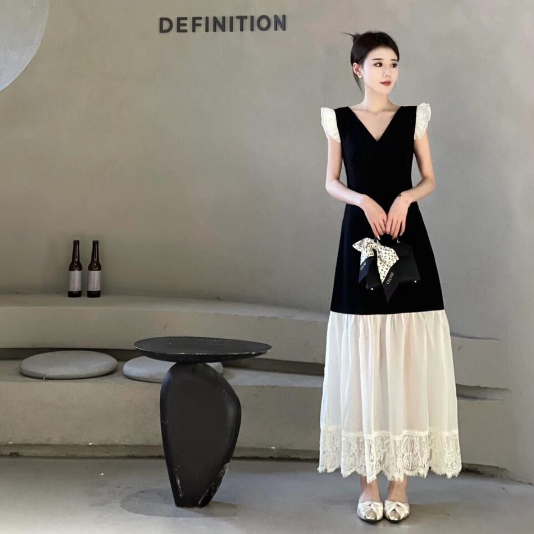 2026 여름 새로운 프랑스식 부드러운 레이스 조각 작은 검은 드레스 유럽 오간자 배색 롱 코트 드레스