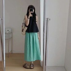 批发夏季新款韩国chic宽松高品质<b class='q'>无袖</b>棉<b class='q'>上衣</b>+糖果色半裙两件套