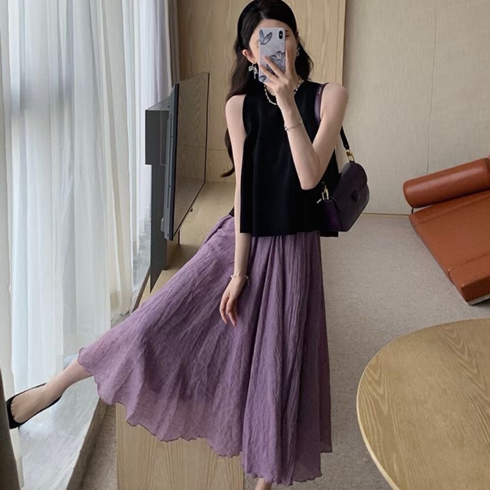 깃발 반 스커트 명문 여성 바람 세트 여성 여름 고급 센스 검정색 슬림해 보이는 민소매 맨위 플러스 반신 스커트 투피스 세트