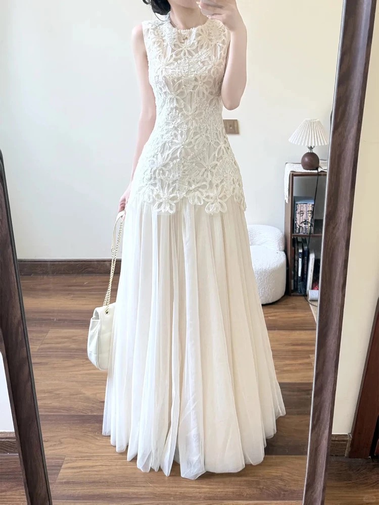 부유 한 가족 천 금빛 바람 스팽글 레이스 조끼 여성 드레스 생일 예복 고급 센스 품격 허리 수축 망사 롱 스커트