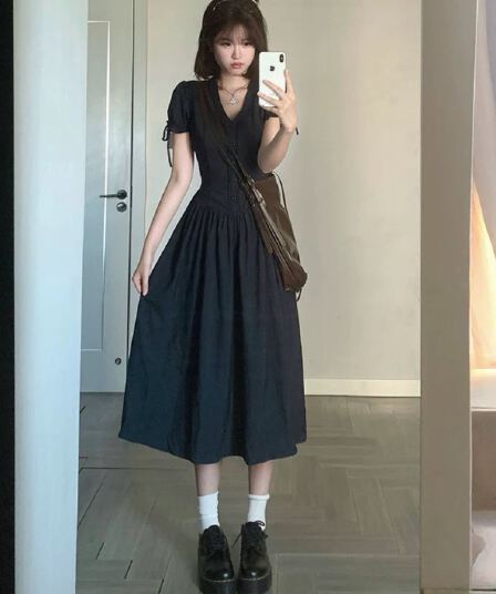 callmeear 밤 바다 시나 바르 레이스 V넥 반팔 드레스 여름 롱 코트 A라인 스커트