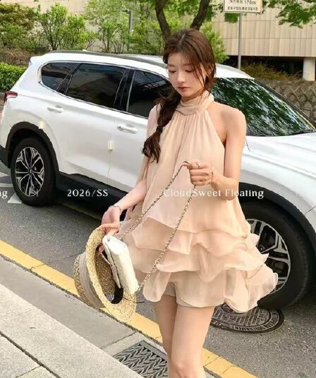 흰 구름 달콤한 릴리 오브 더 밸리 여름 머리말 분위기 센스 핑크색 행침 목 드레스 민소매 쇼트 스타일 케이크 드레스 투피스 세트