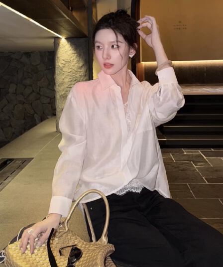 켜기 새로운 가을 새로운 패션 다용도 슬림해 보이는 품격 벨 랭 셔츠 레이스 조각 셔츠