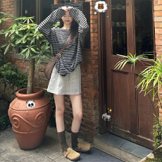批发美式复古条纹气质绝美<b class='q'>连衣裙</b>女秋季薄款休闲慵懒风简约时尚<b class='q'>两件套</b>