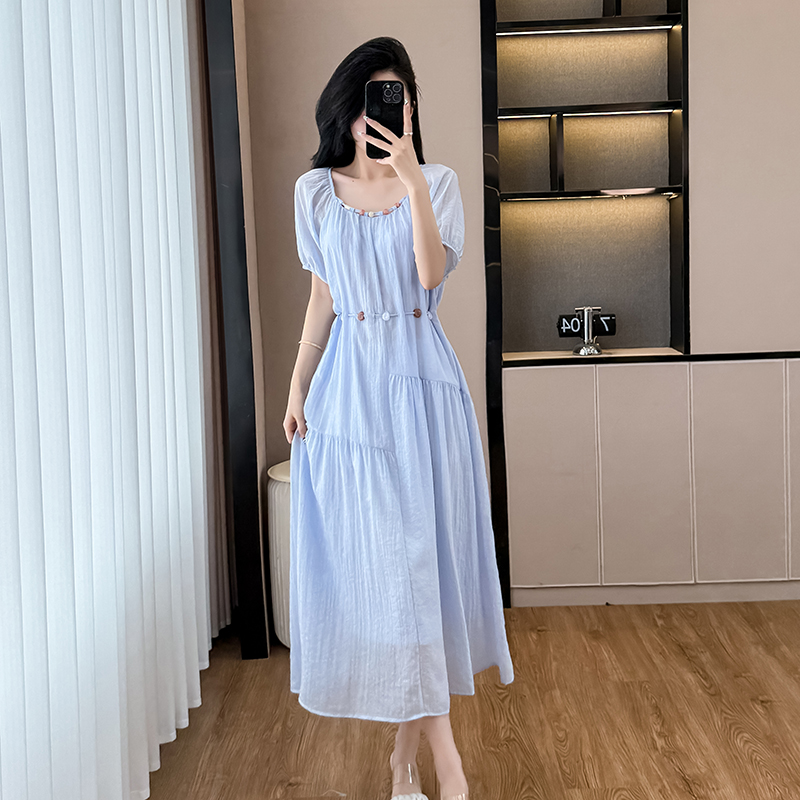 RY1802# 实拍2026新款法式蓝色雪纺连衣裙修身显瘦精致绝美长裙子超仙女