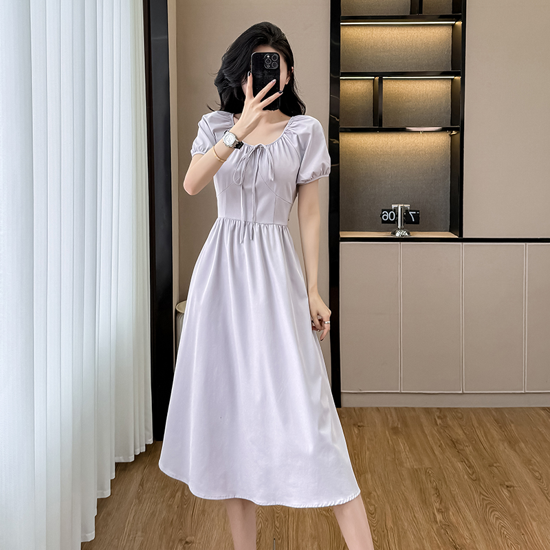 실사 향기로운 芋 드레스 거품 소매 보라색 롱 스커트 여성 여름 섹션 프랑스식 품격 허리 수축 작은 키 치마