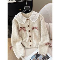 批发<b class='q'>蕾丝</b>花边娃娃领针织开衫女2025新款秋冬蝴蝶结慵懒风短款毛衣外套