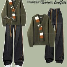 批发秋<b class='q'>冬</b>v领针织衫女季软糯慵懒风假围巾宽松休闲毛衣百搭上衣