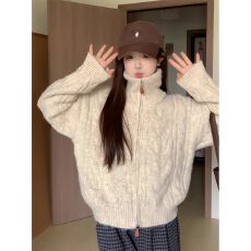 批发高领麻花拉链开衫毛衣女款2025新款秋<b class='q'>冬</b>季加厚慵懒风立领针织外套