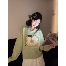 批发韩系慵懒风绿色长袖圆领套头毛衣女<b class='q'>冬</b>季新款小个子宽松显瘦针织衫