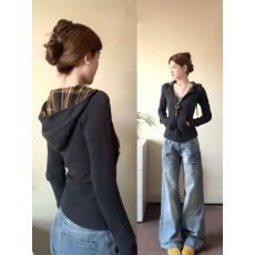 批发美式复古格子连帽毛衣外套女秋<b class='q'>冬</b>季修身收腰短款针织开衫辣妹上衣