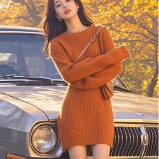 批发显瘦慵懒修身打底长袖法式套头新款秋冬连衣裙高级针织气质裙子