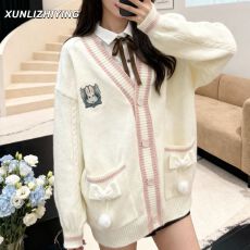 批发学院风刺绣针织开衫女v领撞色蝴蝶结宽松百搭软糯秋冬毛衣外套ins