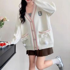 批发学院风刺绣针织开衫女v领撞色蝴蝶结宽松百搭软糯秋冬毛衣外套ins