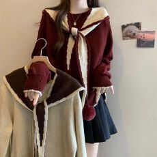 批发圣诞红色海军毛衣打底新款两件套<b class='q'>大码</b>秋冬mm两件披肩针织衫上衣