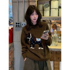 批发美拉德棕色毛衣女冬季小马提花慵懒圆领针织衫休闲宽松<b class='q'>情侣</b><b class='q'>上衣</b>潮