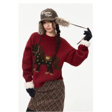 批发美拉德棕色毛衣女冬季小马提花慵懒圆领针织衫休闲宽松<b class='q'>情侣</b><b class='q'>上衣</b>潮