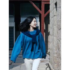 批发***同款蓝色套头毛衣女冬季韩系慵懒风假两件披肩连帽针织上衣
