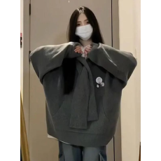 批发美式复古秋冬款灰色套头连帽<b class='q'>针织衫</b>毛衣软糯上衣女学生ins