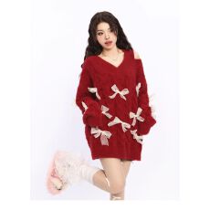 批发【仿貂】蝴蝶结v领毛衣秋冬穿搭设计感慵懒风chic甜辣<b class='q'>宽松</b><b class='q'>针织衫</b>